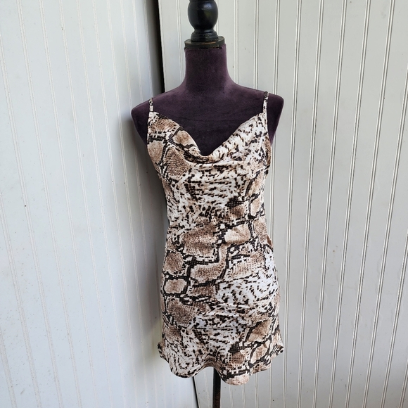 NWT Zaful Women's Sleeveless Sundress Snake Print Satin Mini Dress Brown Sz S - Picture 1 of 13